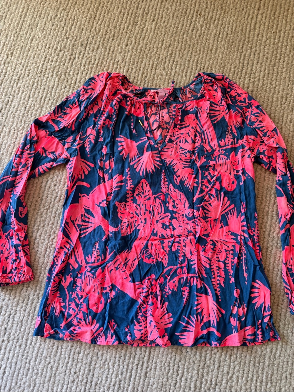Lilly Pulitzer Navy and Bright Pink Tropical Long-Sleeve Top sz M